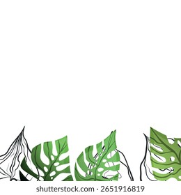 Floral frame with colorful exotic branches on white background. Ornate border with tropic leaves. Vector stock illustration for wallpaper, posters, card.  Doodle style. Copy space.