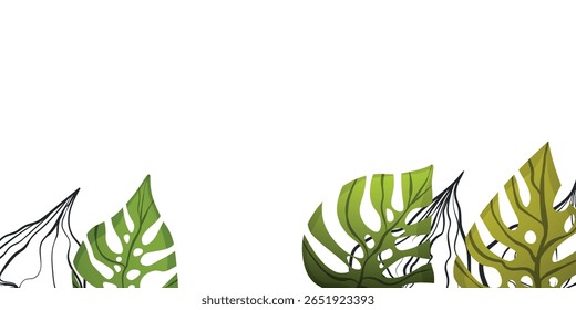 Floral frame with colorful exotic branches on white background. Ornate border with tropic leaves. Vector stock illustration for wallpaper, posters, card.  Doodle style. Copy space.