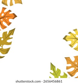 Floral frame with colorful exotic branches on white background. Ornate border with tropic leaves. Vector stock illustration for wallpaper, posters, card.  Doodle style. Copy space.