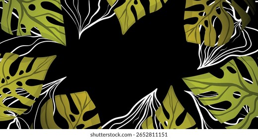 Floral frame with colorful exotic monstera branches on dark background. Ornate border with tropic leaves. Vector stock illustration for wallpaper, posters, card.  Doodle style. Copy space.