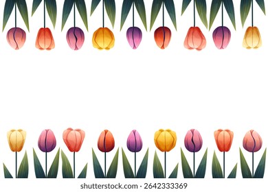 Floral frame with colorful tulips. Vector frame with yellow, red, pink, orange and purple tulips and green leaves on a white background. Perfect for spring design, invitations, packaging