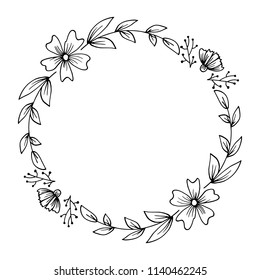 Floral frame composed in a circle. Hand drawn plants and flowers. Sketched style, monochrome vector illustration.