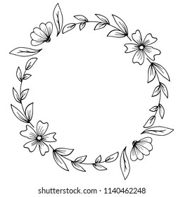 Floral frame composed in a circle. Hand drawn plants and flowers. Sketched style, monochrome vector illustration.