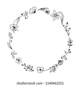 Floral frame composed in a circle. Hand drawn plants and flowers. Sketched style, monochrome vector illustration.