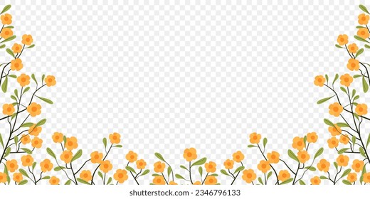 Blumenzauber aus gelben Blumen auf transparentem Hintergrund, flacher Kopienraum mit Draufsicht. Grenzstrommer