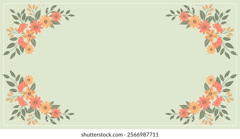 Floral frame with copy space for your text. Vintage floral frame with spring flowers on a light green background. Holiday illustration.