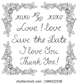 floral frame corner elements monochrome doodle sketch illustration and text set isolated on white background 