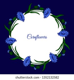 Floral frame with cornflower, buds and leaves on white background. Botanical design of wedding invitation template, postcards, banners, posters, templates, seasonal sales, bridal wreath.
