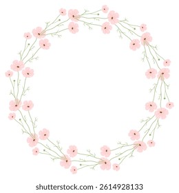 Floral Frame, Cosmos Flowers Wreath, Circle frame, wildflowers. Vector Illustrations. Spring, Summer time. Mothers Day