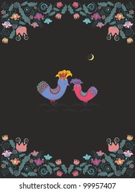 Floral frame with couple of birds on dark background 