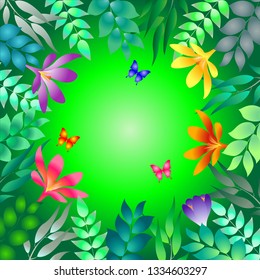 A floral frame with crocuses and leaves on dark green background for wedding, birthday and party. 
Design for banner, poster, wrapping, card and invitation. Vector illustration.