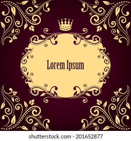 floral frame with crown and design elements isolated on dark purple plum background for sample text or your photo. vector illustration. 