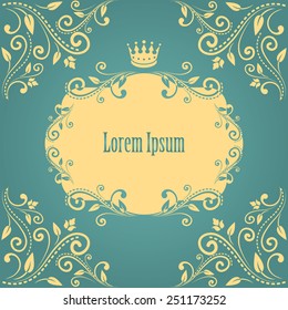 floral frame with crown and design elements in beige color. isolated on retro blue background for sample text or your photo. vector illustration. can use for birthday card, wedding invitations