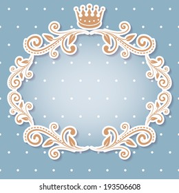 floral frame with crown for your photo or sample text. cute soft blue radial gradient polka dot background. vector illustration 