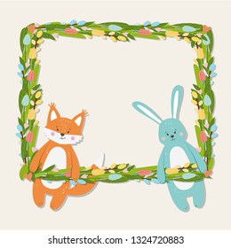 Floral frame with cute funny fox and hare