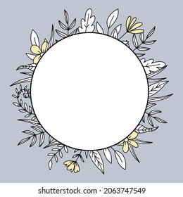 Floral frame with cute hand drawn flowers and leaves