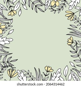 Floral frame with cute hand drawn flowers and leaves