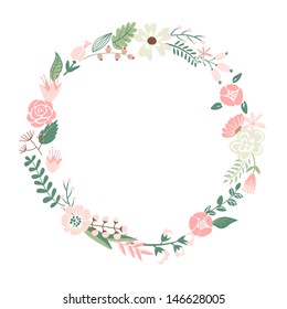 Floral Frame. Cute retro flowers arranged un a shape of the wreath perfect for wedding invitations and birthday cards 