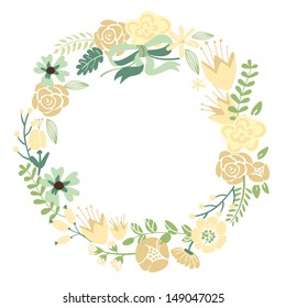 Floral Frame. Cute retro flowers arranged un a shape of the wreath perfect for wedding invitations and birthday cards