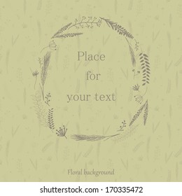 Floral Frame. Cute retro flowers arranged un a shape of the wreath. Can be used as creating card, invitation card for wedding,birthday and other holiday and cute summer, spring background.