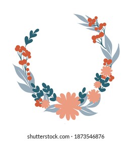 Floral Frame. Cute retro flowers arranged un a shape of the wreath perfect for wedding invitations, birthday cards and covers, poligraphy. Round frame border