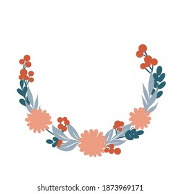 Floral Frame. Cute retro flowers arranged un a shape of the wreath perfect for wedding invitations, birthday cards and covers, poligraphy. Round blue and coral frame border