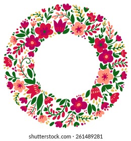 Floral Frame. Cute retro flowers arranged un a shape of the wreath perfect for wedding invitations and birthday cards.
