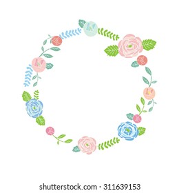 Floral Frame. Cute retro flowers arranged un a shape of the wreath perfect for wedding invitations and birthday cards