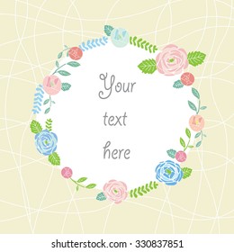 Floral Frame. Cute retro flowers arranged un a shape of the wreath perfect for wedding invitations and birthday cards