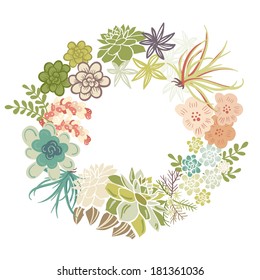Floral Frame. Cute succulents arranged un a shape of the wreath perfect for wedding invitations and birthday cards 