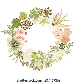 Floral Frame. Cute succulents arranged un a shape of the wreath perfect for wedding invitations and birthday cards 