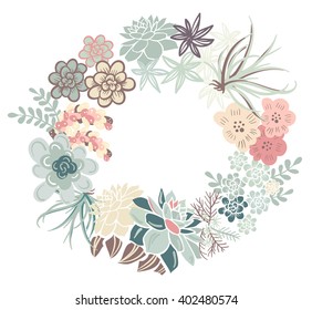 Floral Frame. Cute succulents arranged in a shape of the wreath perfect for wedding invitations and birthday cards 