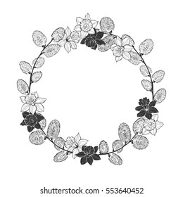 Floral frame with daffodils and willow twigs.  Black and white vector illustration with place for text. Spring wreath.