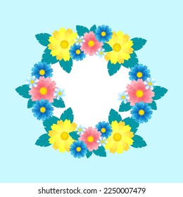 Floral frame decorated with flowers flat style. Gerbera wreath frame, Vector holiday card template.