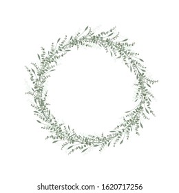 Floral frame decoration for wedding and invitation card. Flower and leaf design circle template. Eucalipus branch. Green organic decor. Vector background illustration