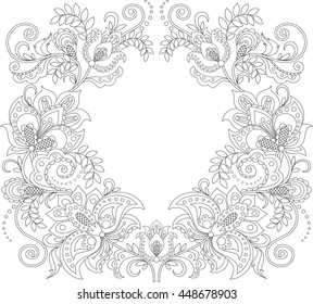 Floral frame. Floral decorative pattern. Ornament background. Adult antistress coloring page. Black and white hand drawn doodle for coloring book