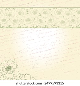floral frame, a delicate background with a horizontal stripe of silhouettes of blooming peonies, with handwritten text and an empty space in the center. vector illustration of a card, invitation