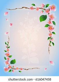 Floral frame of delicate spring flowers on a blue background