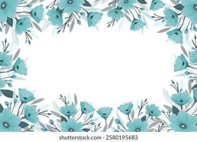 Floral frame with delicate turquoise flowers. Background design for postcard, cover, greeting, invitation. Vector.