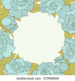 Floral frame design element. Blue roses on beige background. Vintage greeting card.