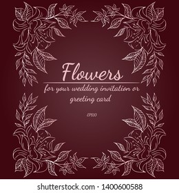 Floral frame design elements for wedding invitation and greeting card. Hand drawn. Line art. Sketch.
