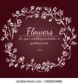 Floral frame design elements for wedding invitation and greeting card. Hand drawn. Line art. Sketch.