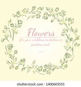 Floral frame design elements for wedding invitation and greeting card. Hand drawn. Line art. Sketch.