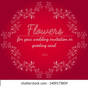 Floral frame design elements for your wedding invitation and greeting card. Hand drawn. Wreath of flowers. Outline style