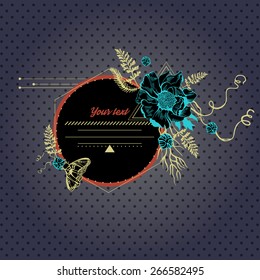 Floral frame design for greeting card with butterfly and branch. Vector illustration