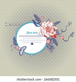 Floral frame design for greeting card with butterfly and branch. Vector illustration