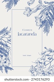 Floral frame for design greeting card, wedding decor, invitation, gift. Delicate illustration Engraved Jacaranda tree flowers, toile art blue on beige. Vintage Vector background. Hand drawn elements