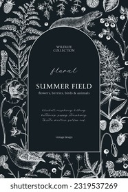 Floral frame design on chalkboard. Vintage summer background. Wildlife sketches. Wildflowers botanical illustration. Hand-drawn field flowers, birds, and animals for wedding invitation, decoration.