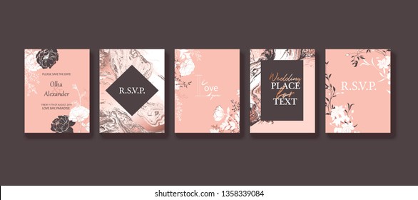 Floral frame design. Wedding invitation arrangement. Botanical composition. Hand drawn flowers, roses, leaves. Composition for card, invitation, save the date. Rose gold  marble texture.