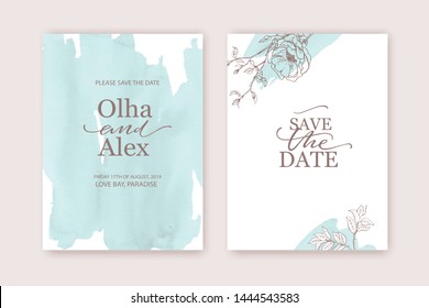 Floral Frame Design. Wedding Invitation Arrangement. Fine Art Botanical Composition. Hand Drawn Flowers, Roses. For Card, Invitation, Save The Date. Blue Watercolor Background.